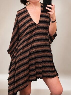 VINTAGE Y2K MABEL Brown & Black Striped Knit Tunic Kaftan Mini Dress w/ Tie Belt